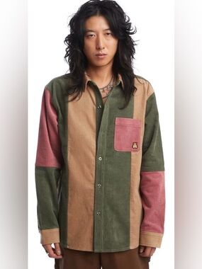 Teddy Fresh Color Block Corduroy Button Up Shirt Unisex Small Cotton
